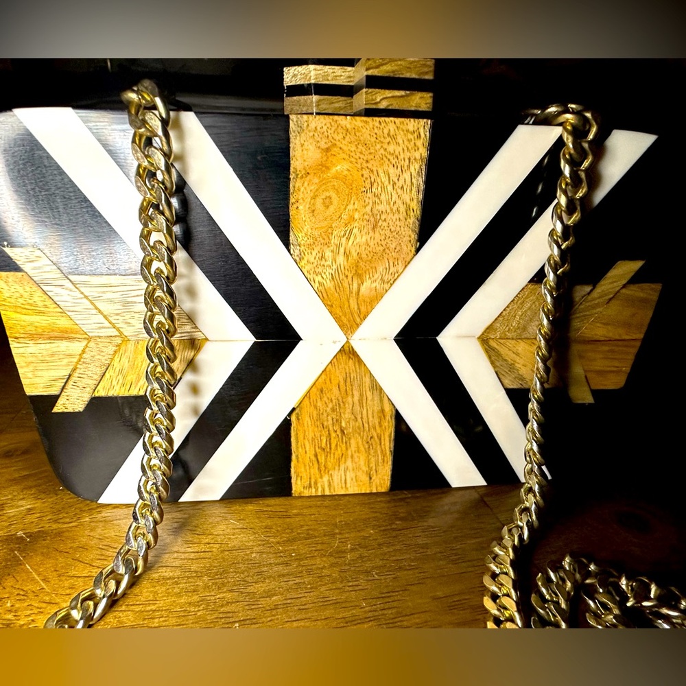 Gretchen Scott Wood Parquay Clutch Handbag With 21” Separately Sold Gold Chain